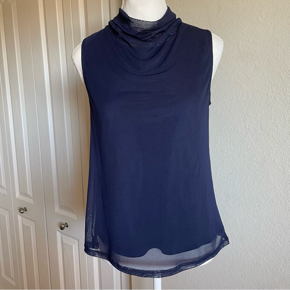 Halogen Mesh Sleeveless Top Women’s S Navy Blue Cowl Neck Layered Career Office